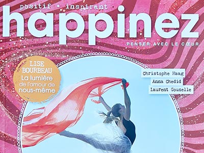 Aperçu de la couverture du magazine Happinez (août septembre 2024) figurant un article sur Franck Martin (Congruences)